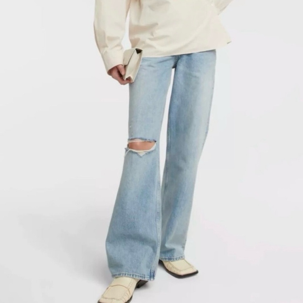 FRAME Women’s High N Tight Wide Leg Bilson Rips Size 24 Light Wash Streetwear